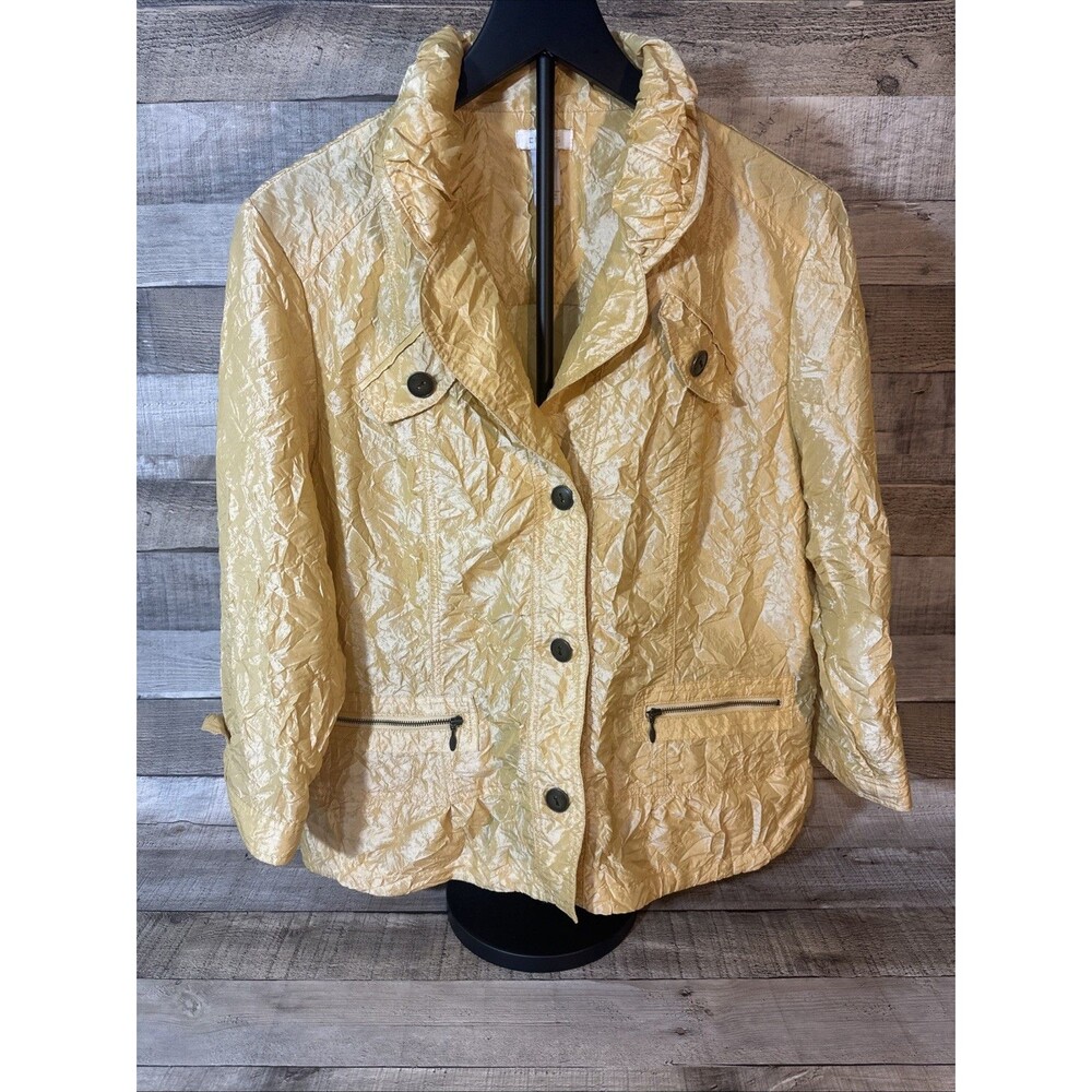 CHICOS Womens Size 2 Shaya Jacket Crinkle Button Yellow Gold Khaki